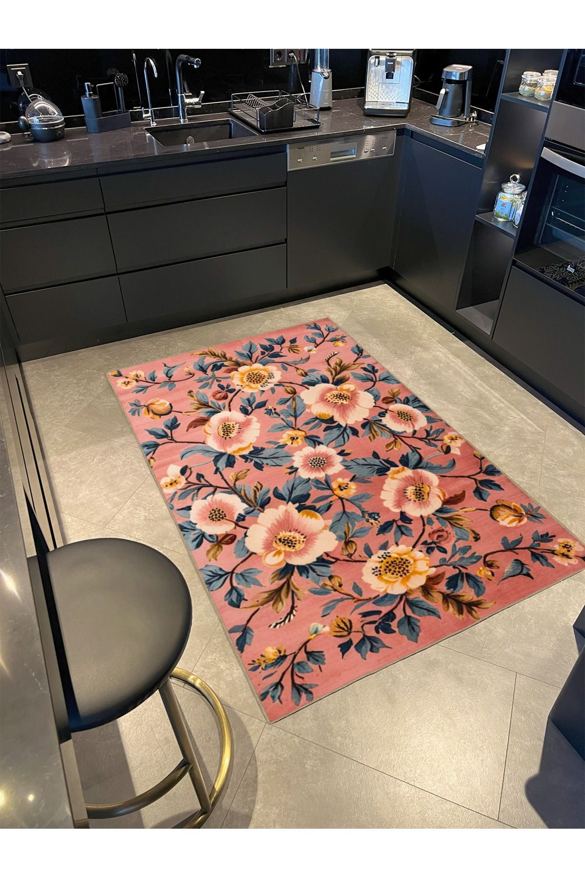 Paris Koleksiyonu Pudra Pembe Temalı Floral Gül Desenli Modern Dekoratif Halı 62