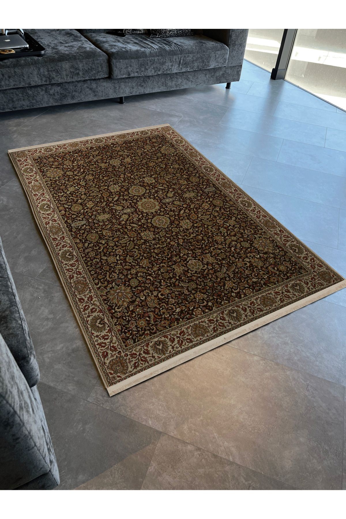 Siyah Bej Temalı Çok Renkli Geleneksel Motif Etnik Çiçek Desenli Vintage Dekoratif Halı 2852
