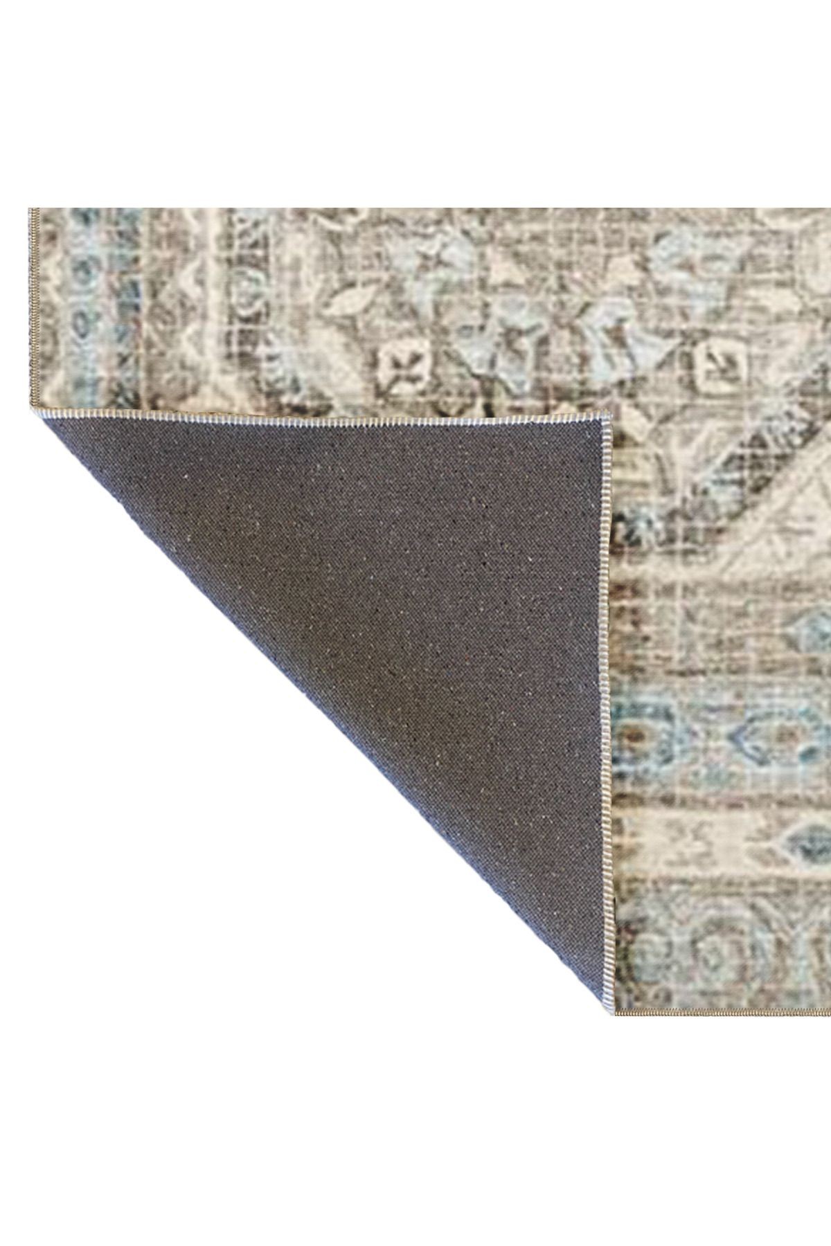 Açık Mavi ve Kahve Temalı Geleneksel Motif Etnik Desenli Vintage Dekoratif Halı 5014