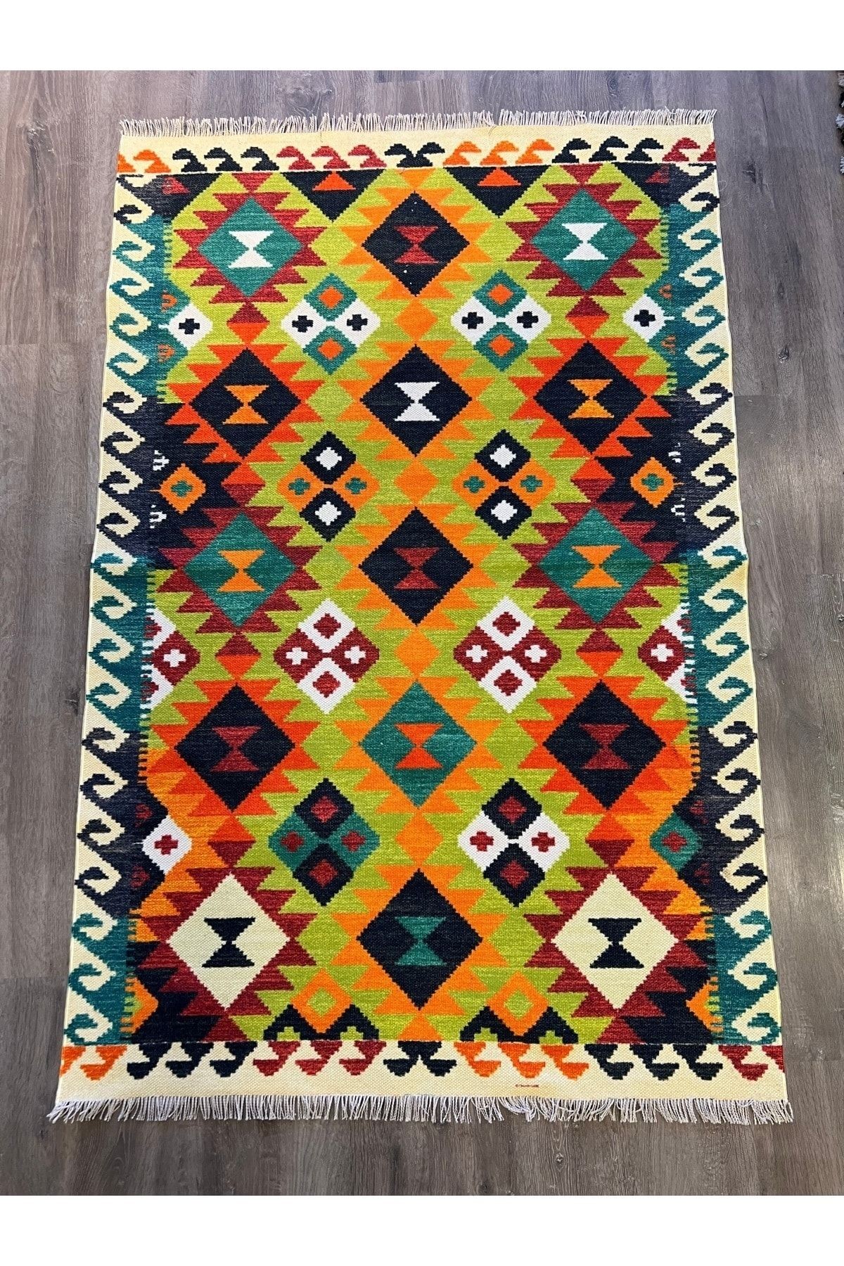 Cotton 563 Etnik Eskitme Desenli Dokuma Taban Çok Renkli Kilim