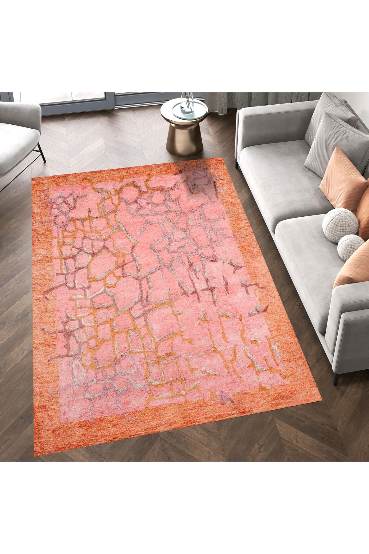 Aysu Koleksiyonu Turuncu Pembe Soyut Desenli Dokuma Taban Modern Dekoratif Halı aysu37