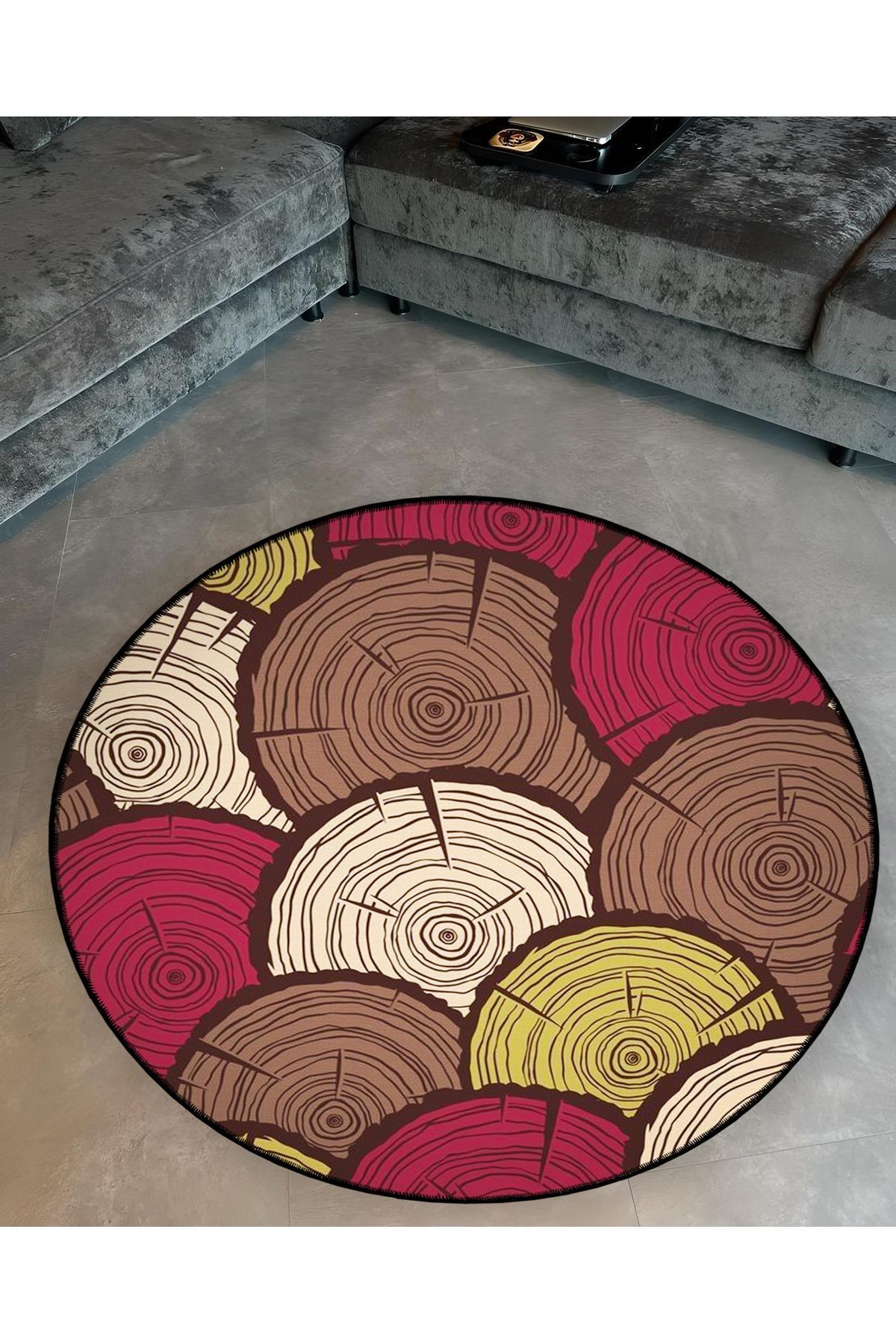 Mira Yuvarlak Soyut Odun Görünümü Kahve Kırmızı Detaylı Dokuma Taban Modern Dekoratif Halı 5615