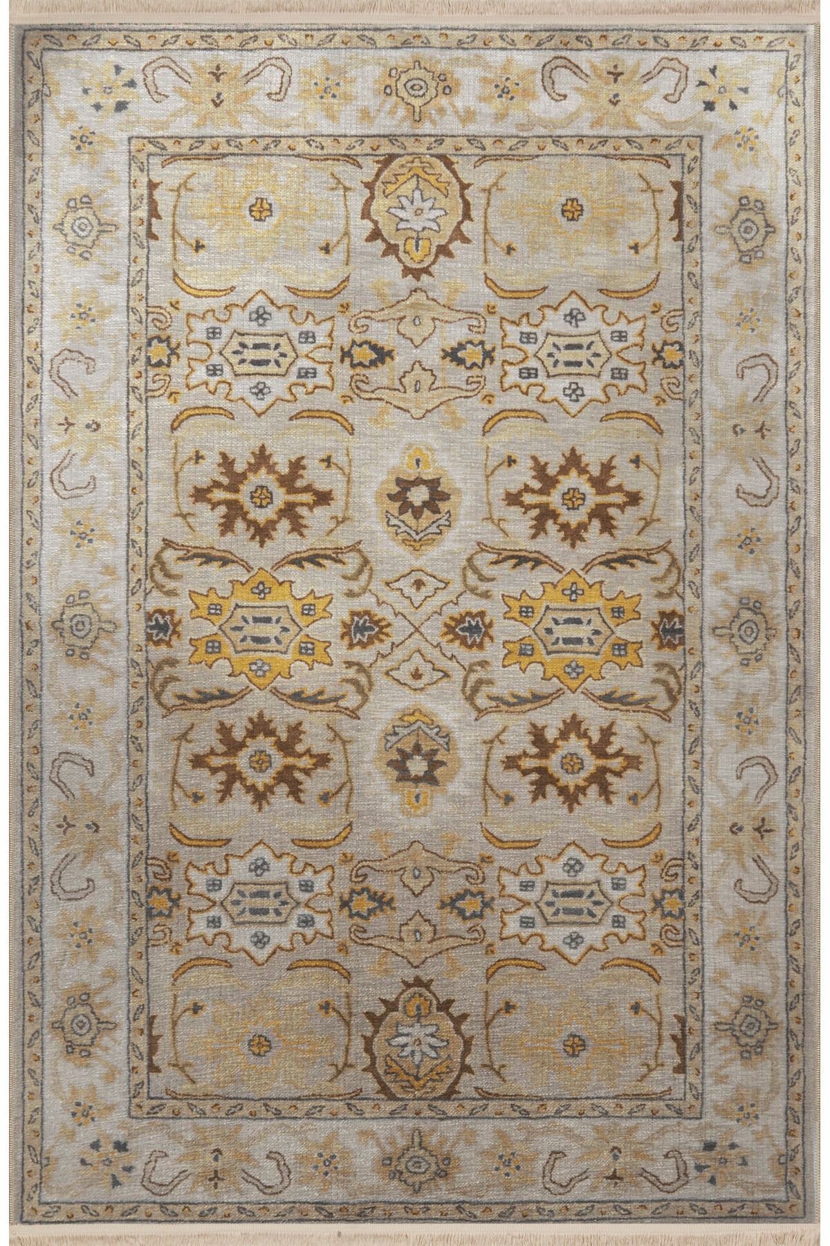 Bej Temalı Geleneksel Motif Etnik Çiçek Desenli Kreatif Vintage Dekoratif Halı 2809
