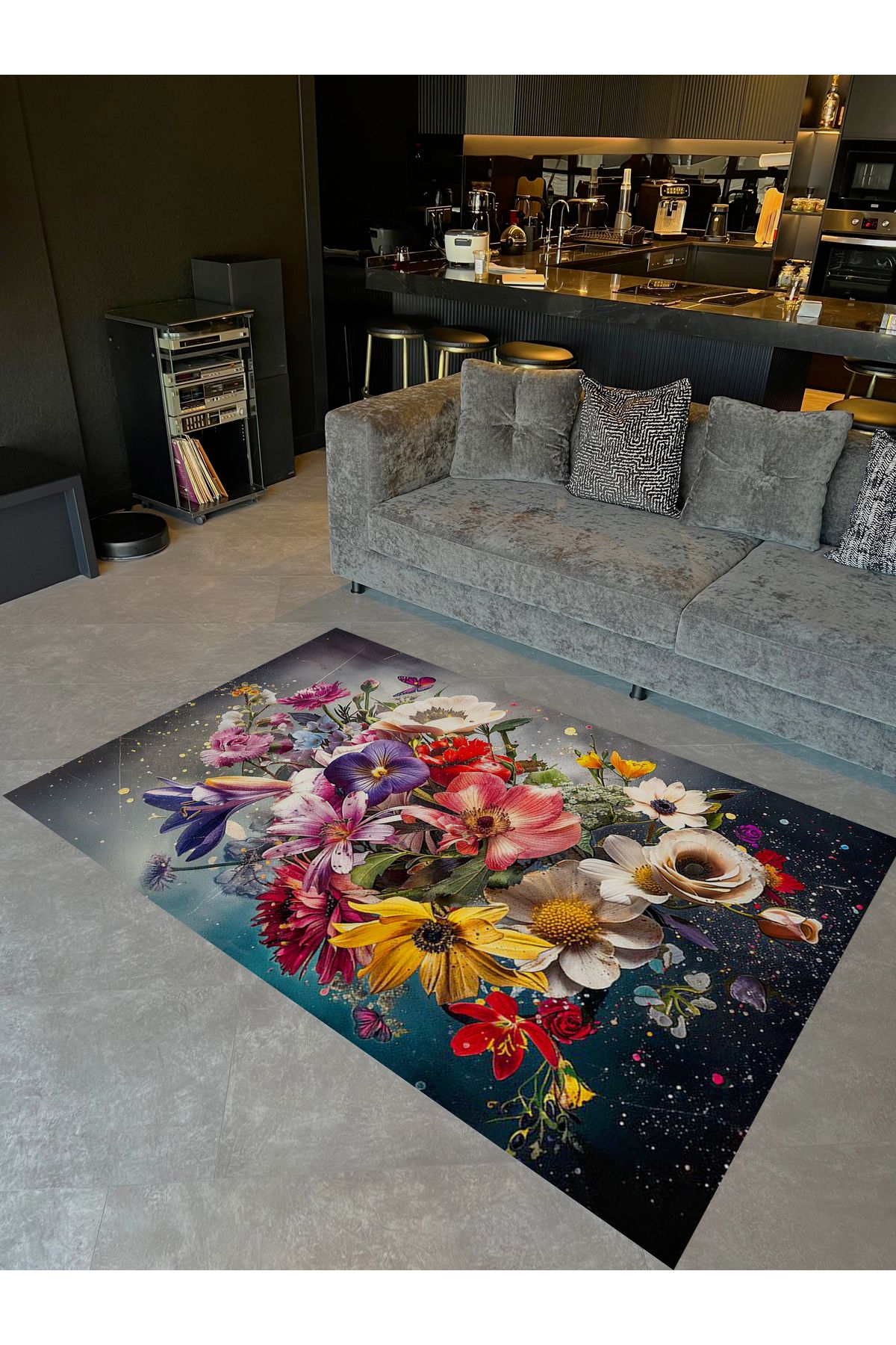 Kubilay Koleksiyonu Çok Renkli Karma Çiçekler Desenli Dokuma Taban Kreatif Modern Dekoratif Halı 36