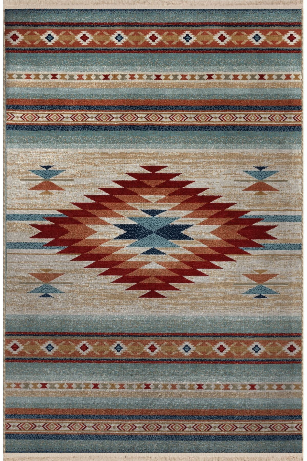 Çok Renkli Geleneksel Motif Desenli Saçaklı Vintage Dekoratif Halı 3050