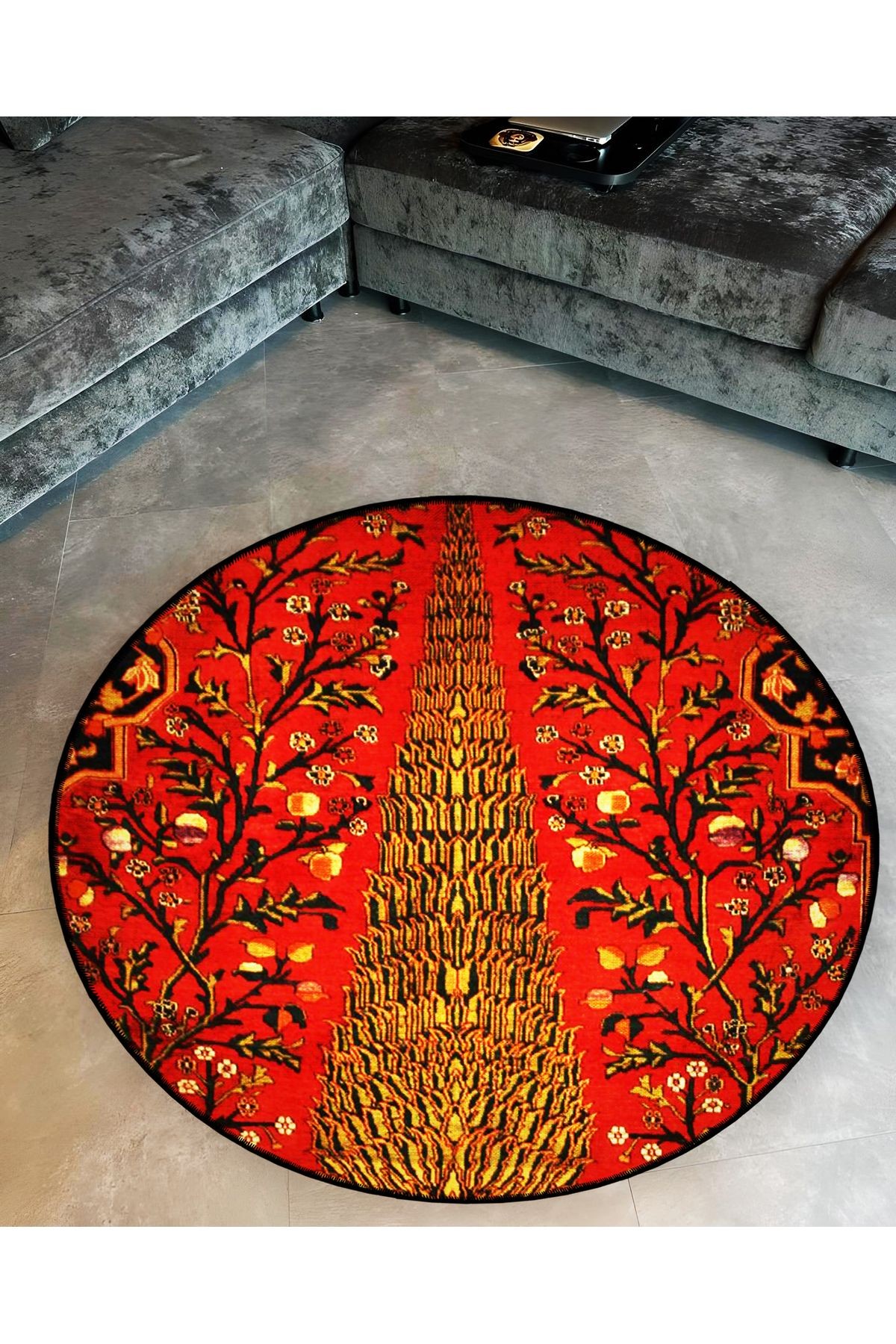 Kırmızı Temalı Çiçek Motifleri Desenli Yuvarlak Dokuma Taban Vintage Dekoratif Halı 6168