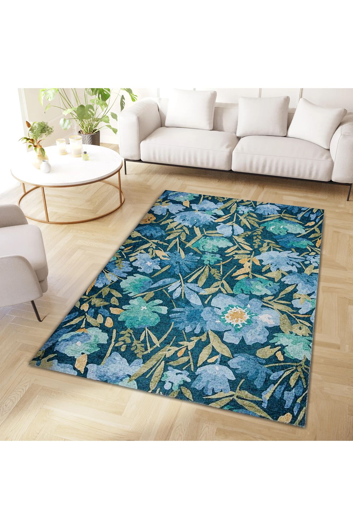 Kuzey Koleksiyonu Mavi Yeşil Çiçekler Desenli Dokuma Taban Dekoratif Halı kuzey31