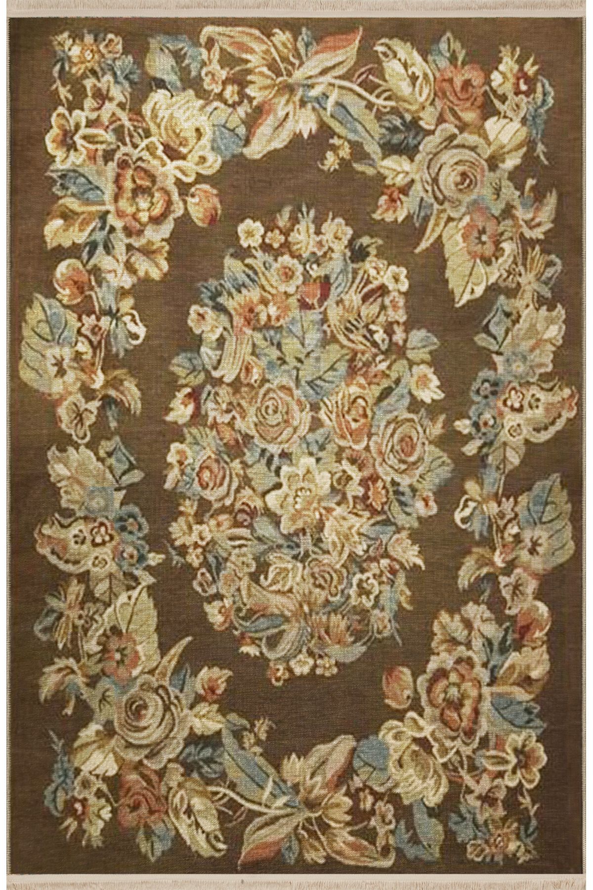 Kahverengi Temalı Karma Çiçek Gül Desenli Saçaklı Vintage Dekoratif Halı 3174