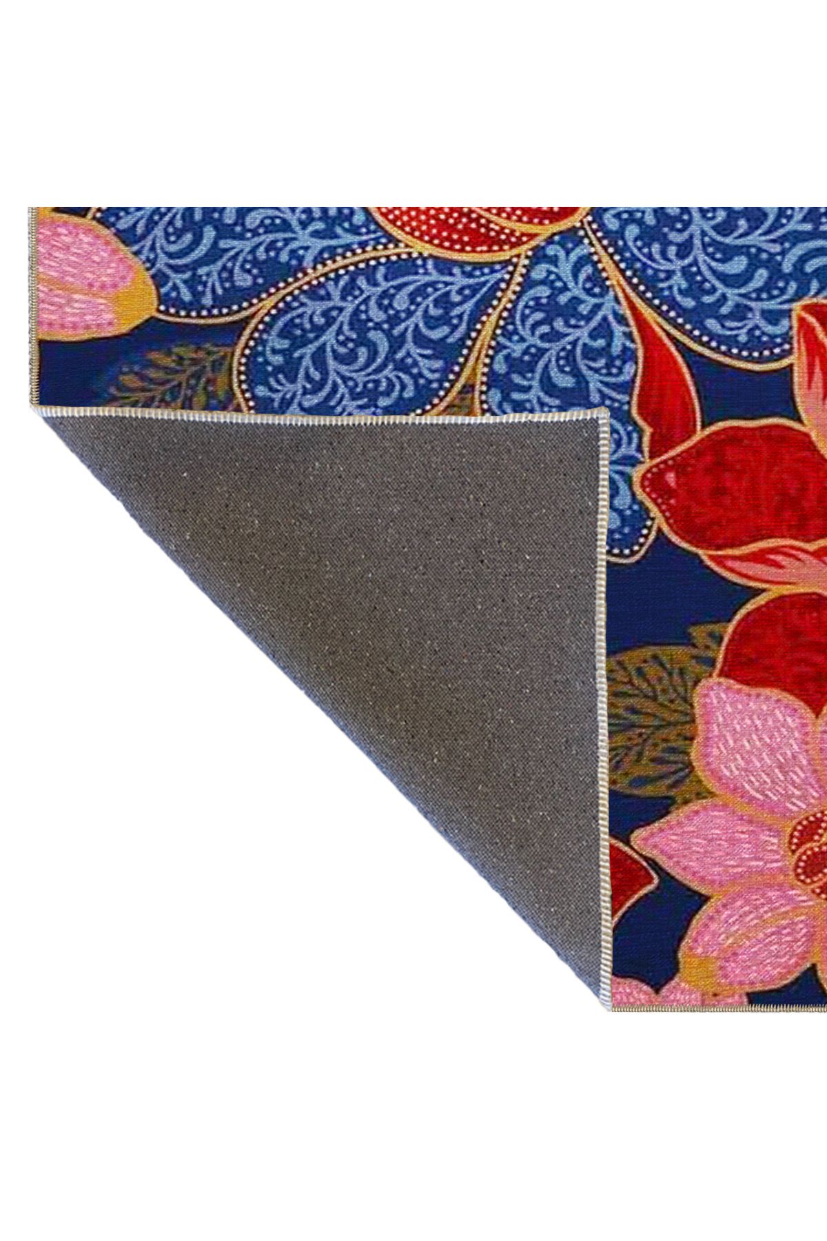 Mavi Kırmızı Temalı Çiçek Desenli Kreatif Modern Dekoratif Halı 3654