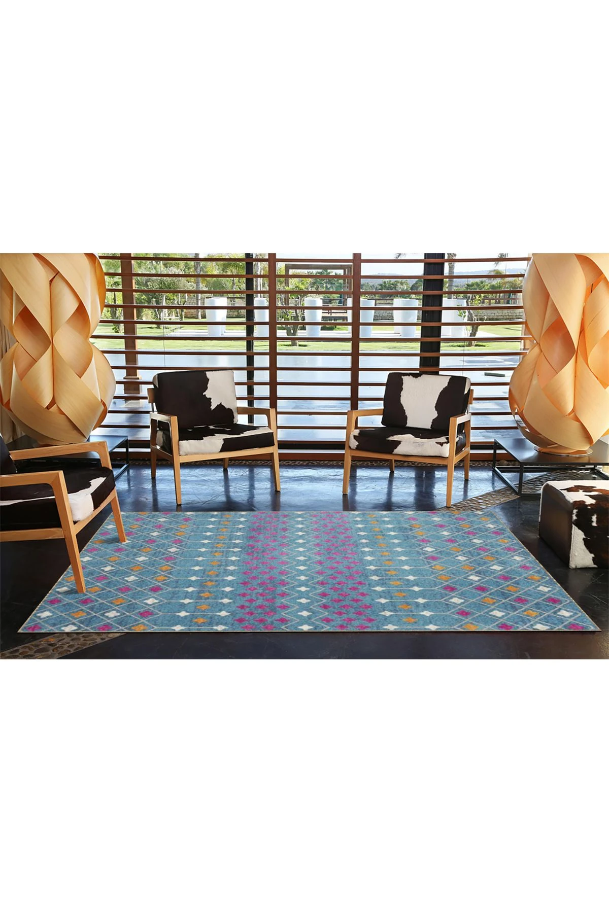 Mavi Arkplan Renklerinde Baklavalı Desenli Dokuma Taban ve Dekoratif Halı miravip628