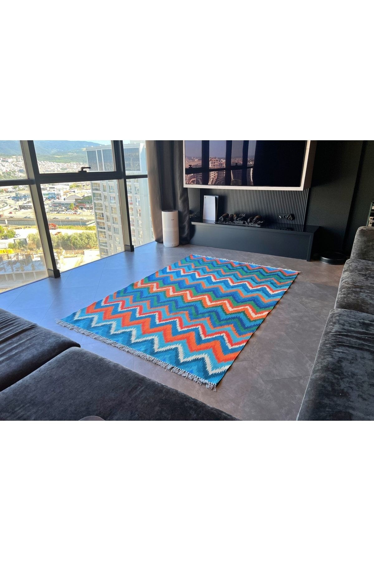 Cotton Zigzag Desenli Çok Renkli Kilim 542