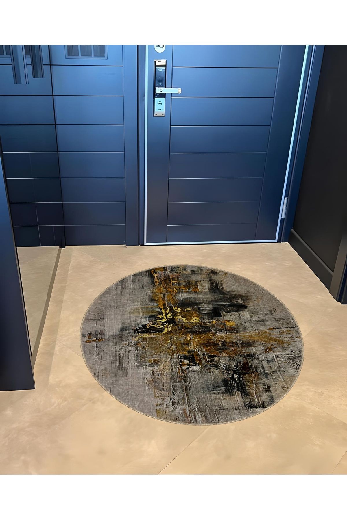 Gri Bej Ton Soyut Desenli Yuvarlak Dokuma Taban Modern Dekoratif Halı 6047