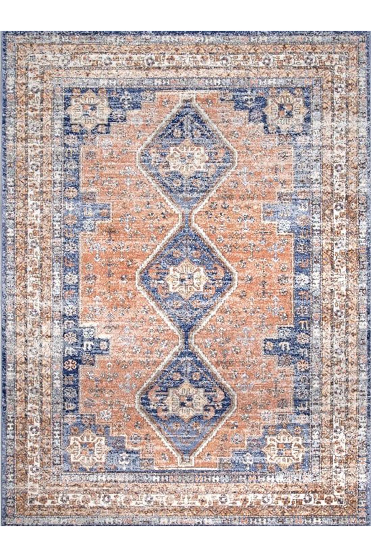 Güney Koleksiyonu Turuncu Mavi Tema Geleneksel Desenli Vintage Dekoratif Halı 18