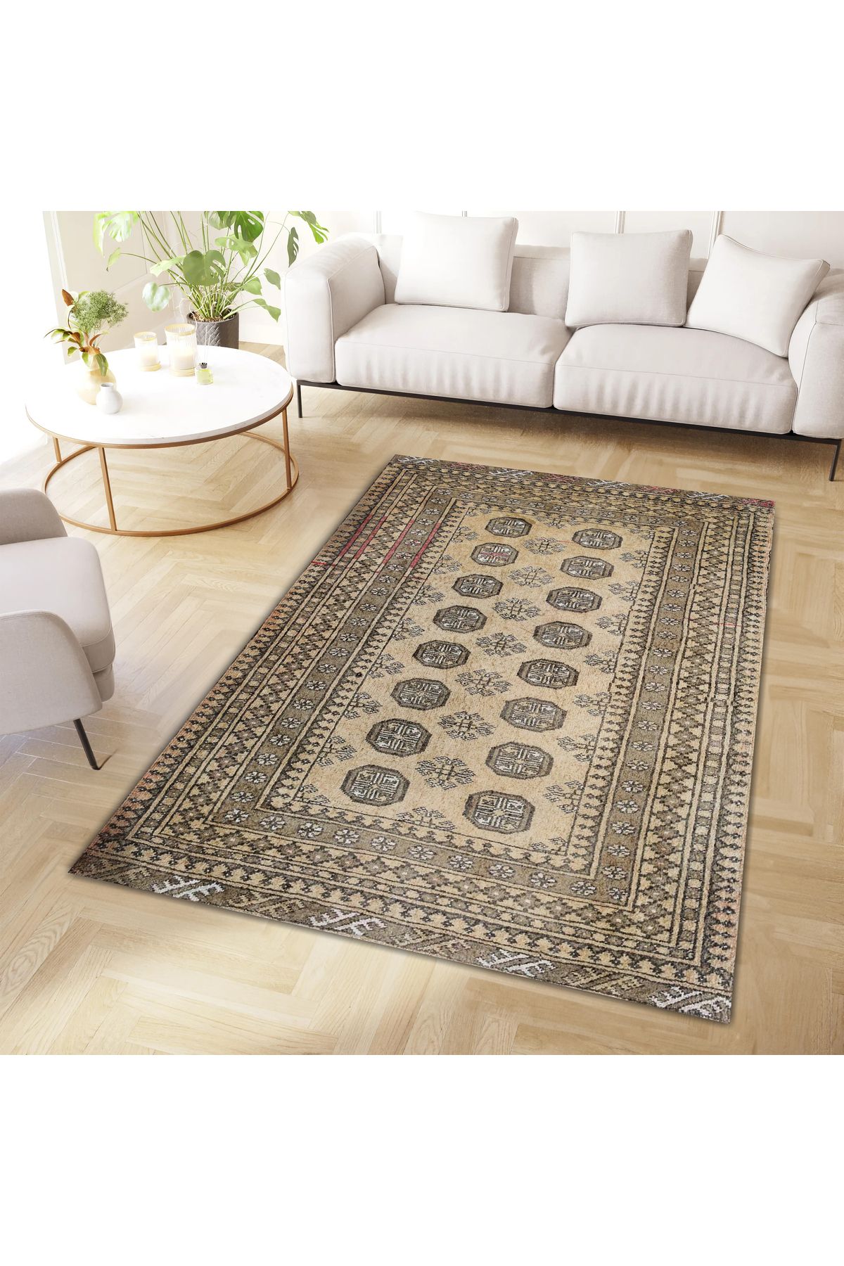 Mete Koleksiyonu Açık Kahve Temalı Bohem Detay Geleneksel Desenli Vintage Dekoratif Halı 27