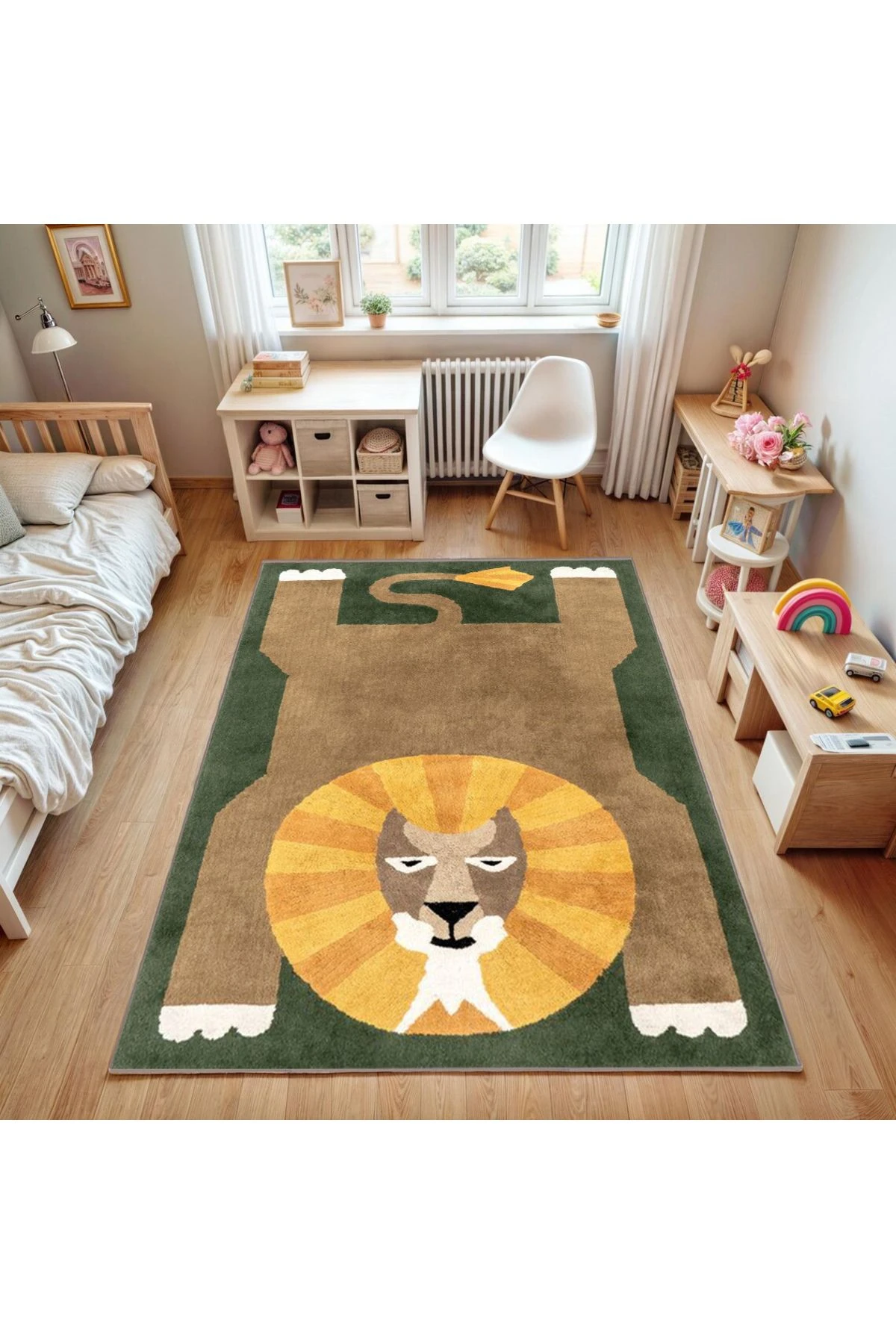 Asya Koleksiyonu Koyu Yeşil Sarı Aslan Desenli Dokuma Taban Modern Dekoratif Halı asya20