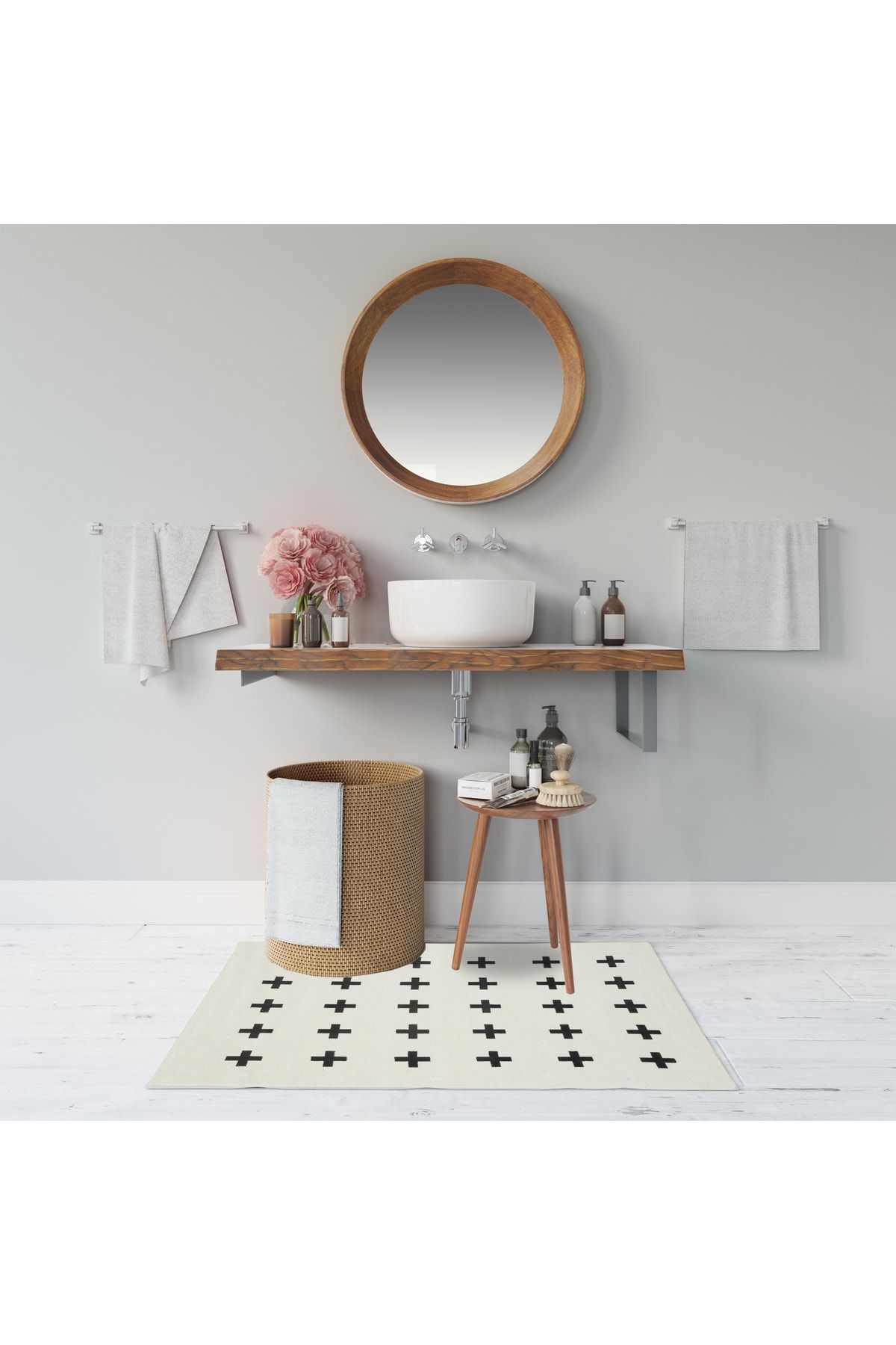 Minimal Stil Beyaz Siyah Artı Desenli Dokuma Paspas Ebat 52x82