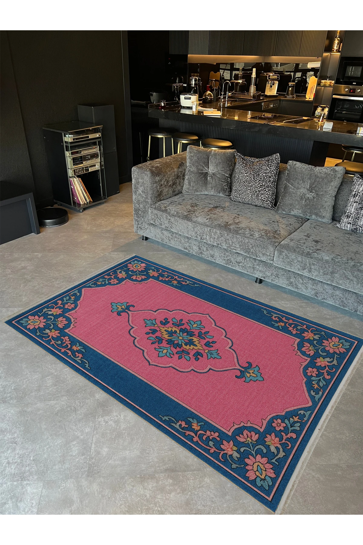 MOSSO Lacivert Pembe Temalı Etnik Motif Desenli Dokuma Taban Dekoratif Halı mosso315