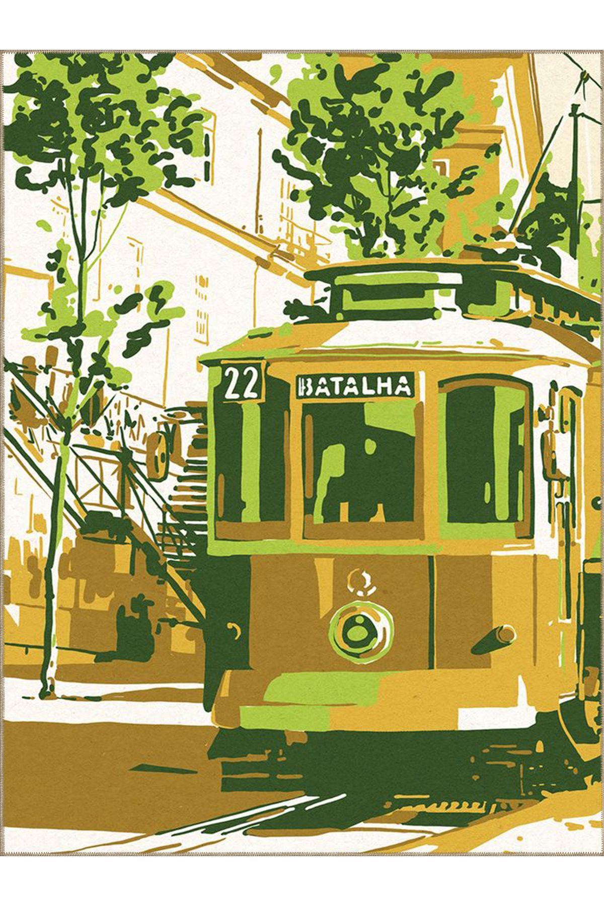 Buse Koleksiyonu Yeşil Turuncu Tren Desenli Dokuma Taban Modern Dekoratif Halı buse20