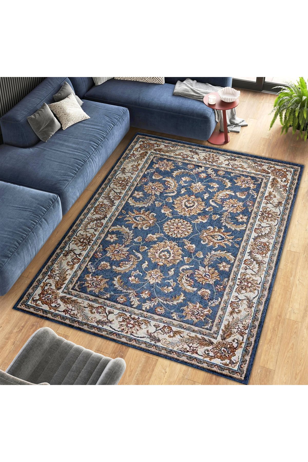 Kuzey Koleksiyonu Mavi Bej Etnik Desenli Dokuma Taban Dekoratif Halı kuzey12