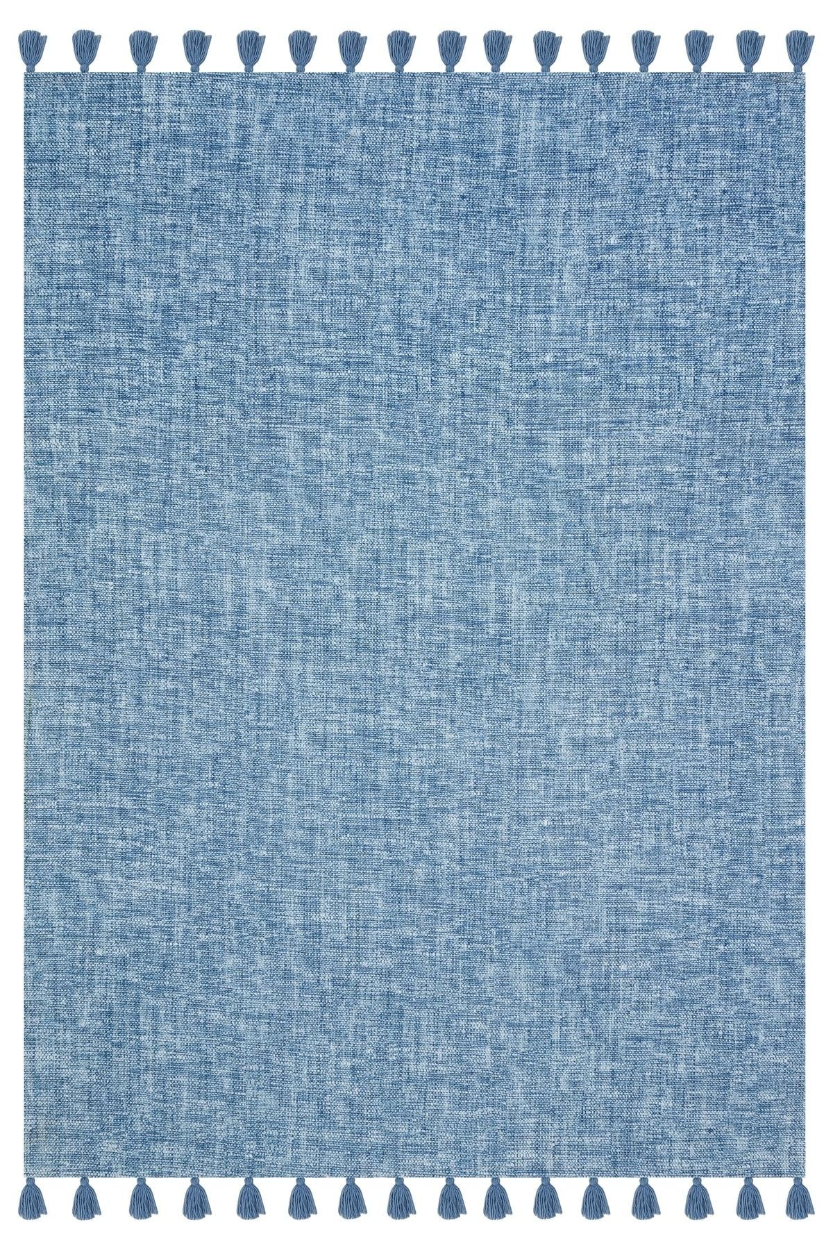 Moroccan 9007 Mavi Renkli Hasır Görünüm Mavi Püsküllü Modern Kilim