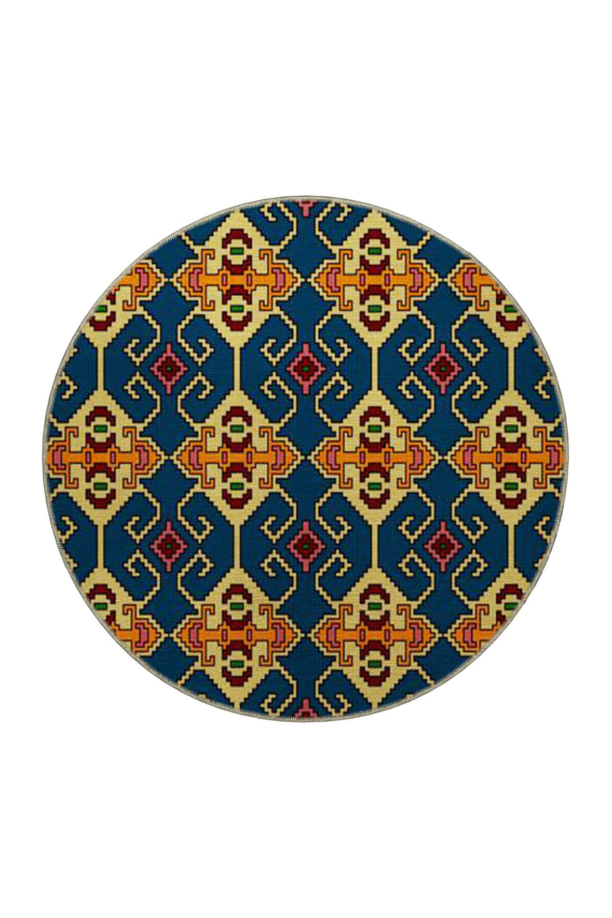 Mavi Sarı Temalı Geleneksel Motif Etnik Desenli Saçaklı Vintage Dekoratif Halı 4645