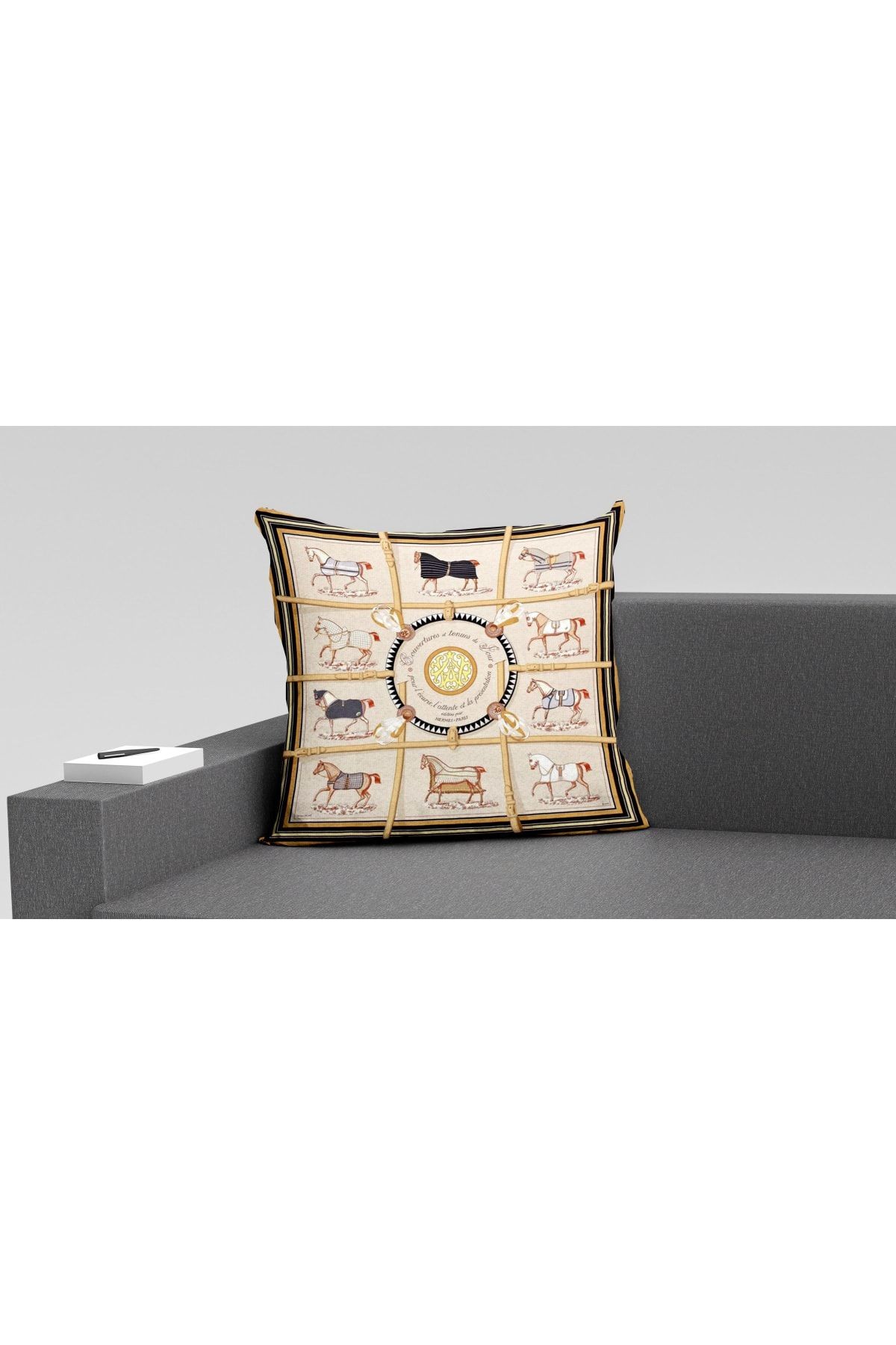Kırlent Krem Siyah Sarı Atlar Temalı Pillow53