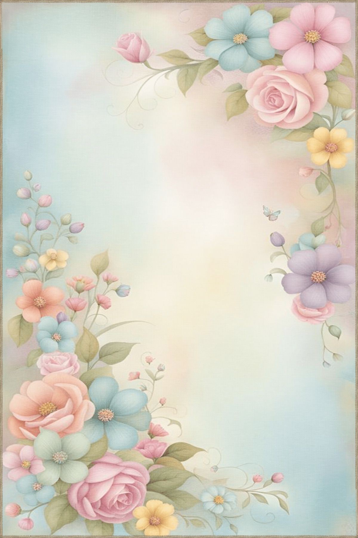 Açık Ton Çok Renkli Floral Çiçek ve Gül Desenli Modern Dekoratif Halı 3646