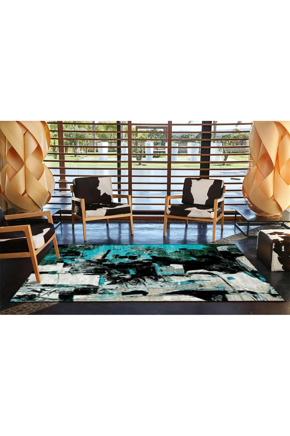 Modern Mavi Beyaz Pastel Boyalı Dekoratif Halı 4467