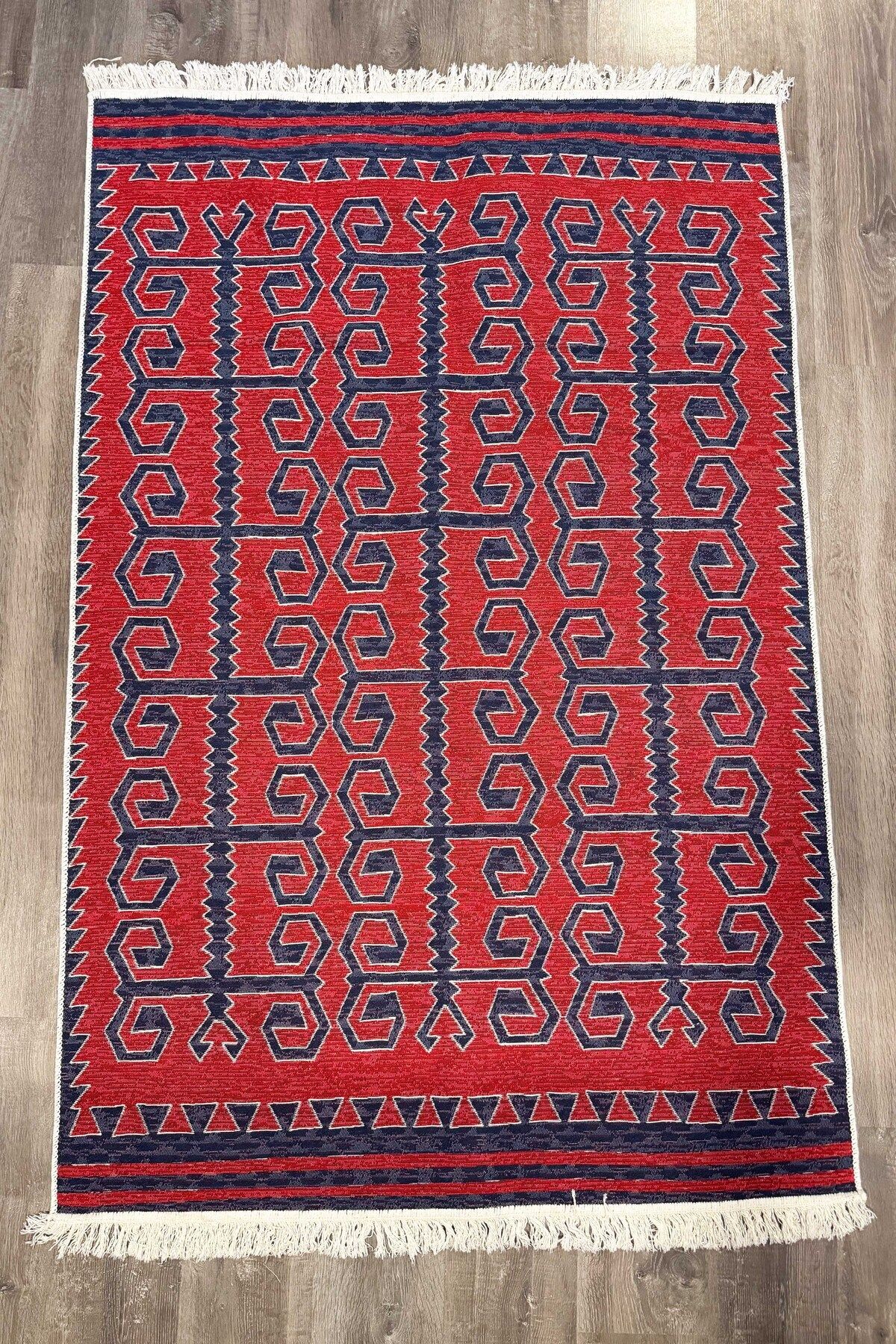 Alara Koleksiyonu Lacivert Kırmızı ve Lacivert Beyaz Çift Taraflı Pamuk Dokuma Saçaklı Kilim alara08