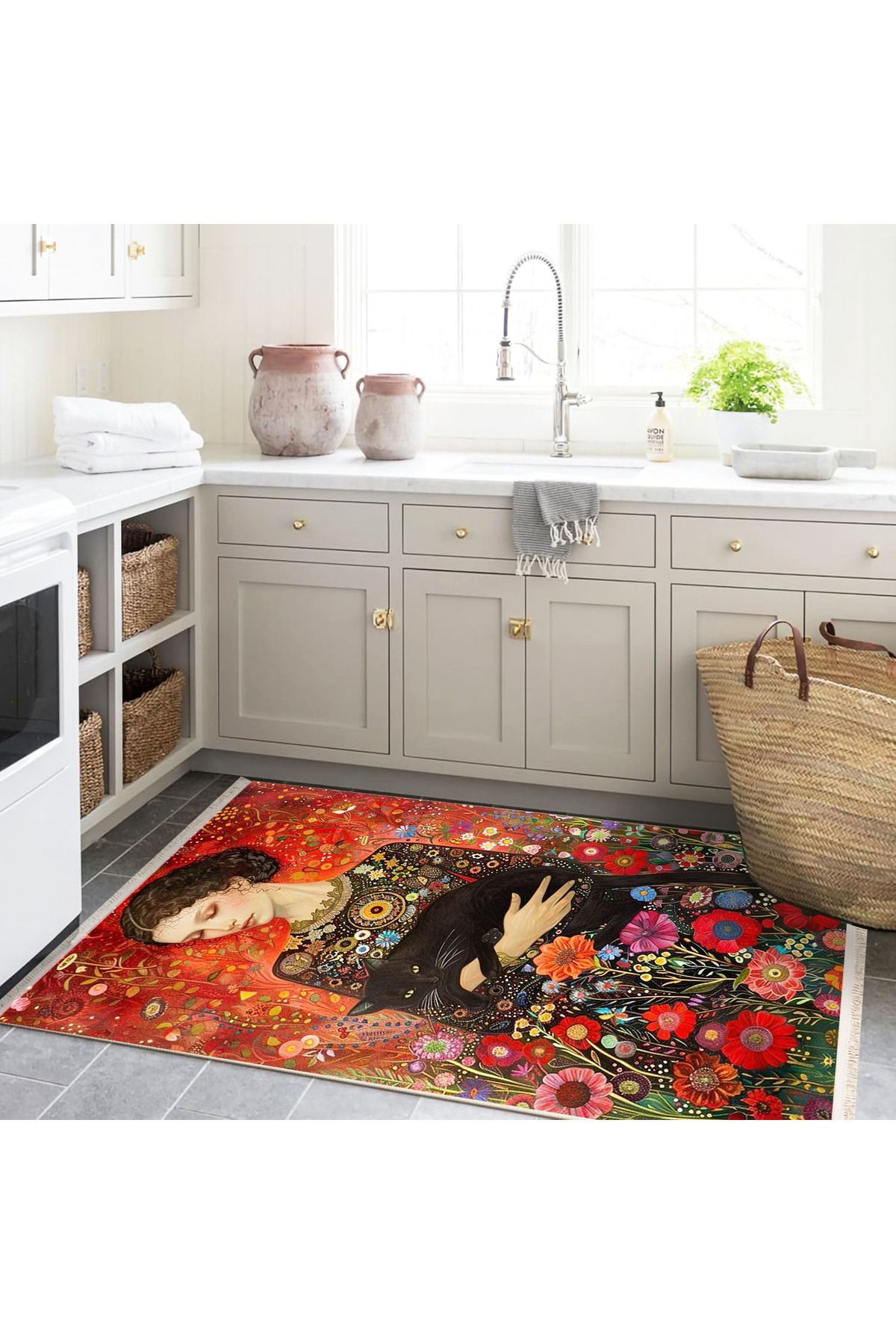 İnci Koleksiyonu Kadın Kedi ve Çiçekler Detaylı Çok Renkli Dokuma Taban Modern Dekoratif Halı inci46