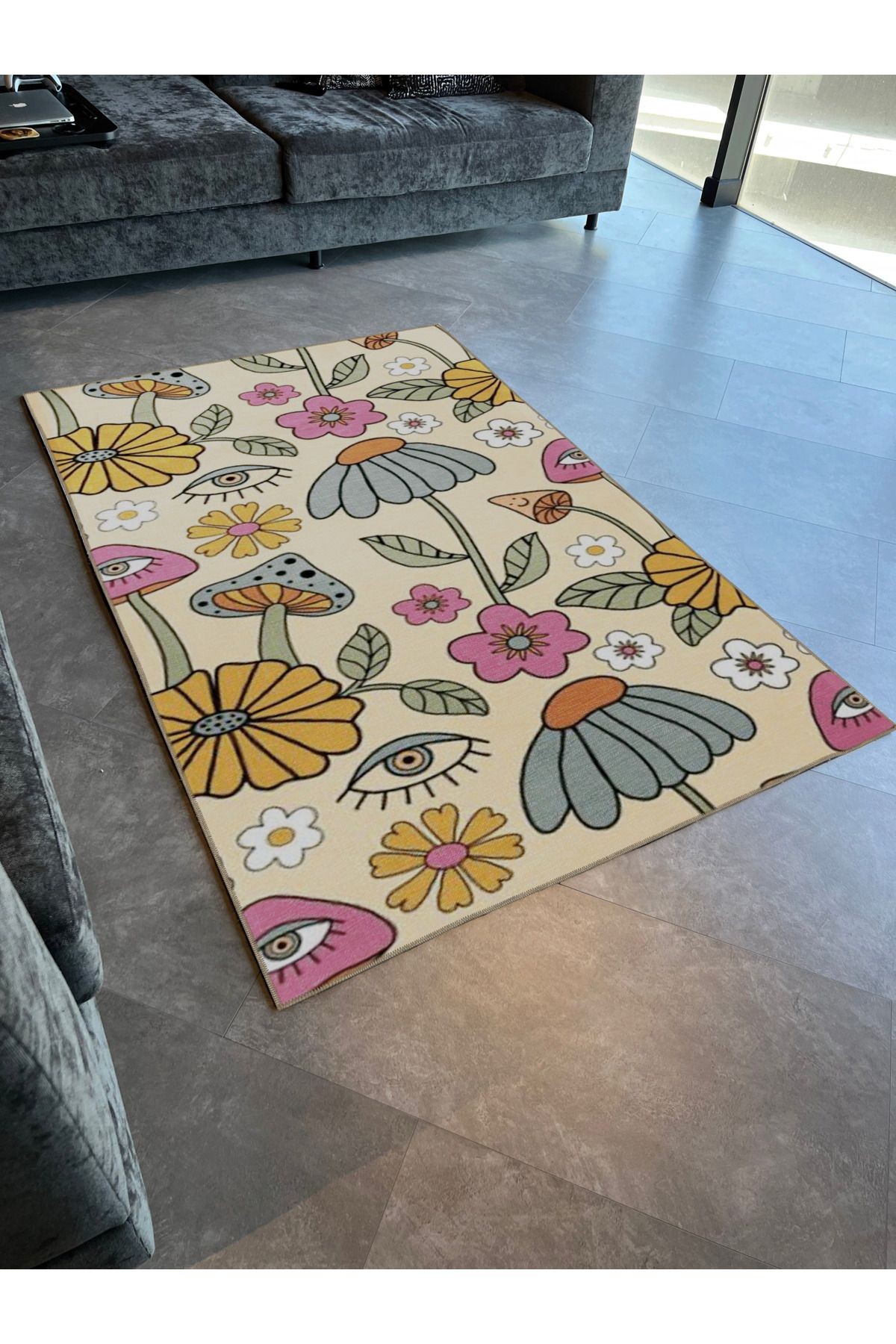 Bej Temalı Çok Renkli Etnik Göz ve Çiçek Desenli Kreatif Modern Dekoratif Halı 2347