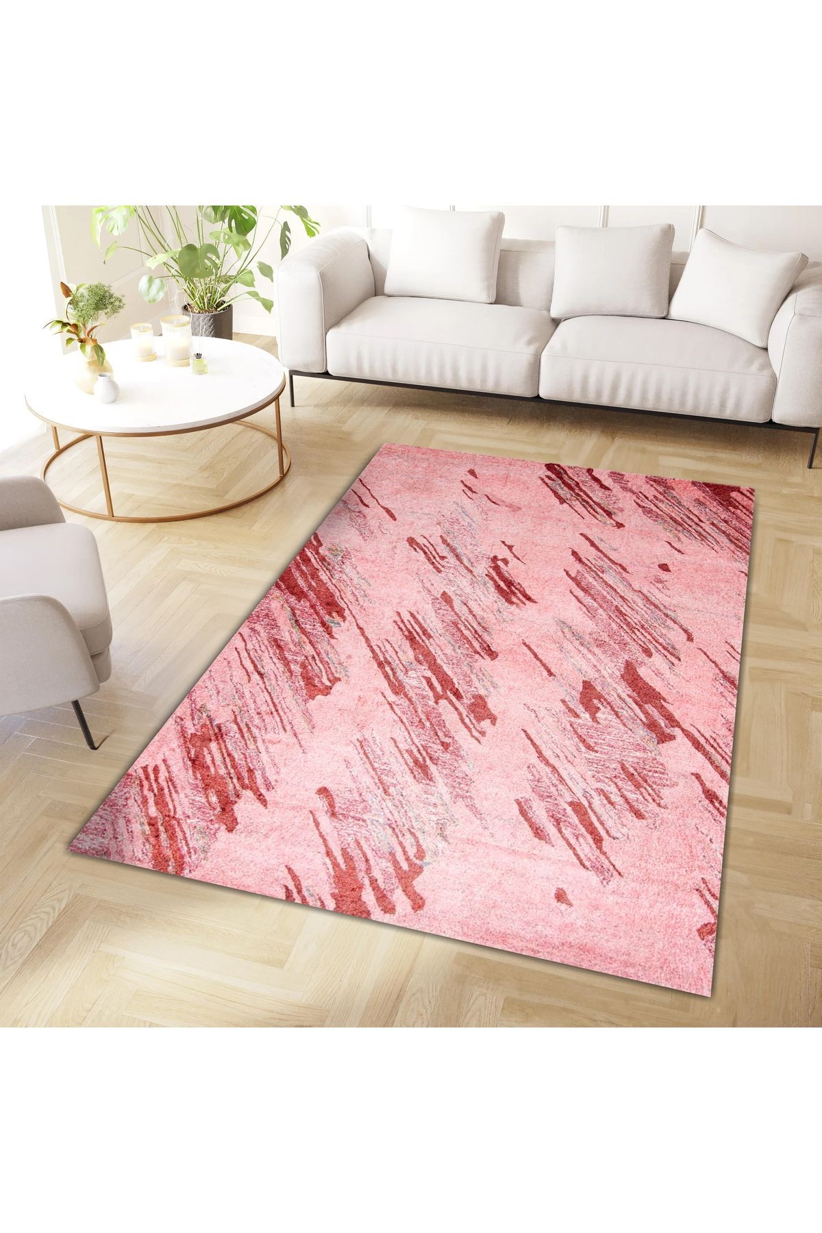 Aysu Koleksiyonu Pembe Kırmızı Soyut  Desenli Dokuma Taban Modern Dekoratif Halı aysu36