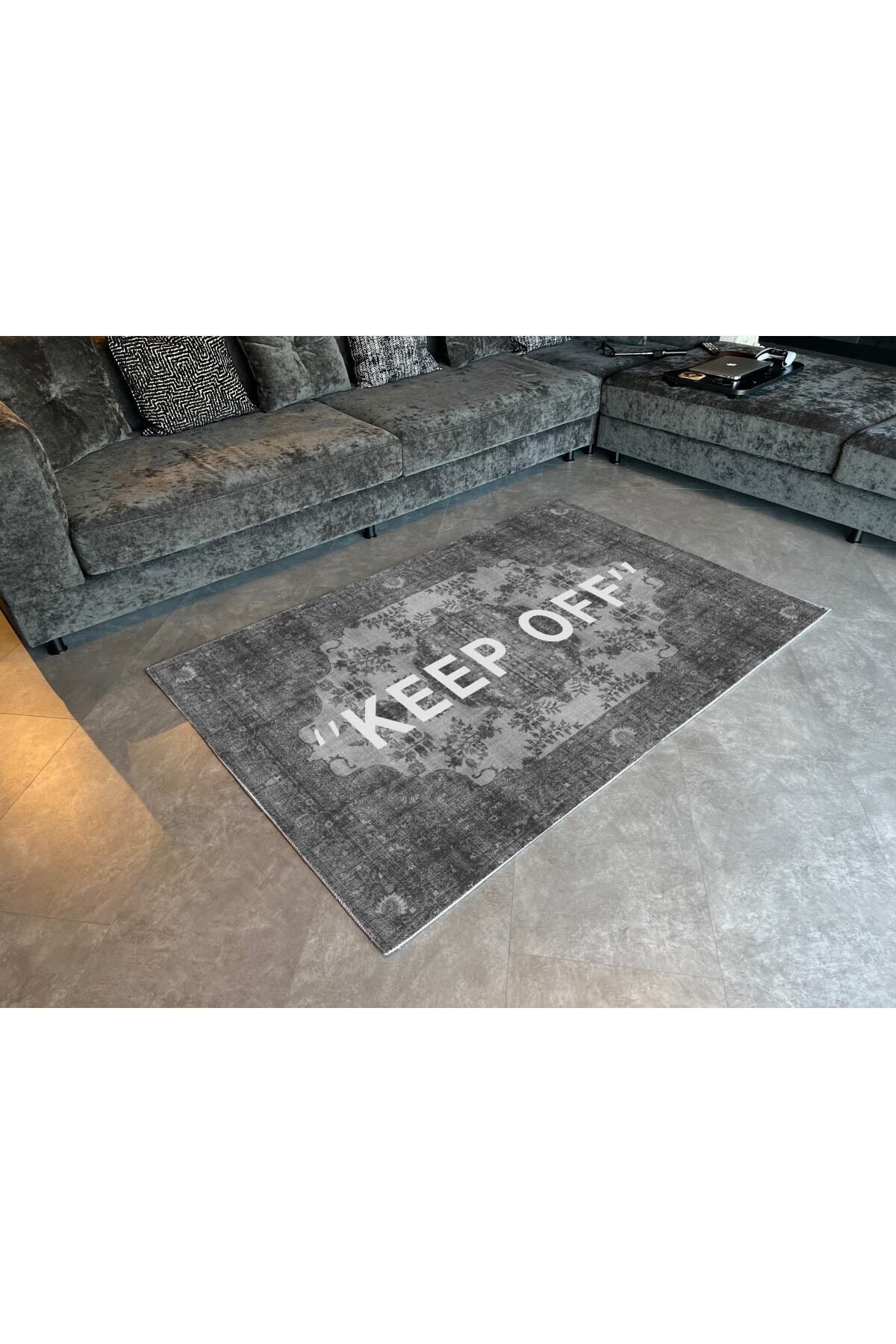 Mira Keep Off Yazılı Vintage Siyah Gri 2120 Dokuma Taban Halı
