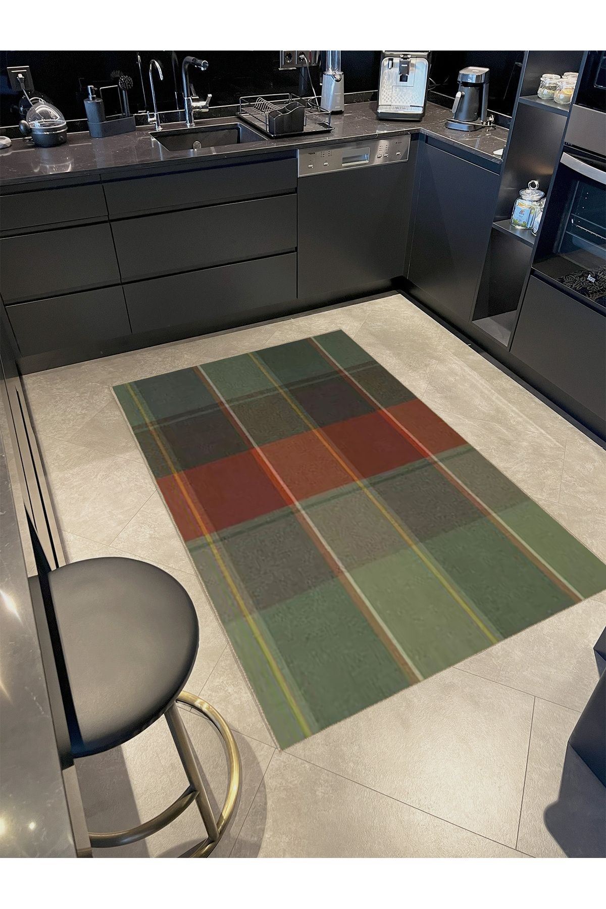 Ametist Serisi Yeşil Temalı Çizgili Patchwork Desenli Dokuma Taban Modern Dekoratif Halı ametist29