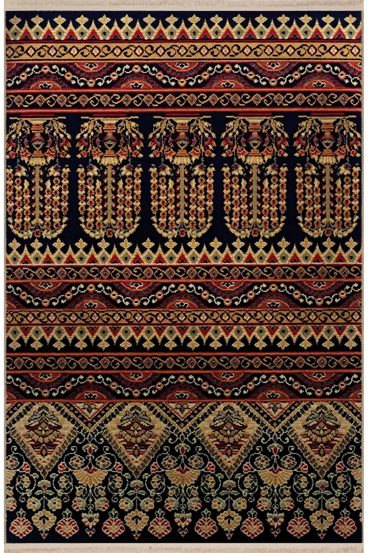 Koyu Ton Çok Renkli Karma Şekil Etnik Desenli Kreatif Vintage Dekoratif Halı 2638
