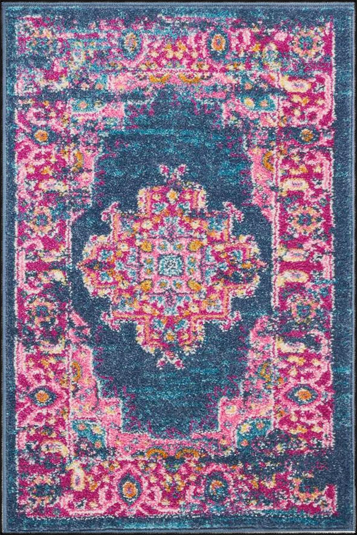 Mavi Çiçekli Gelenksel Desenli Dokuma Taban miravip635