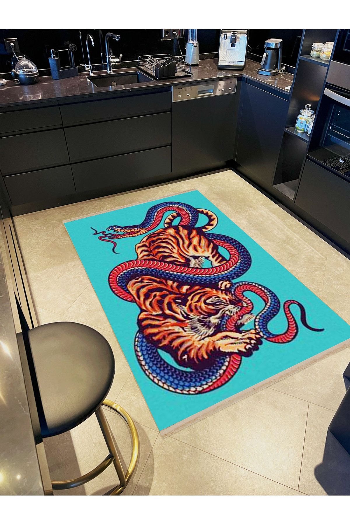 İnci Koleksiyonu Mavi Tema Kaplan ve Yılan Desenli Dokuma Taban Modern Dekoratif Halı inci18