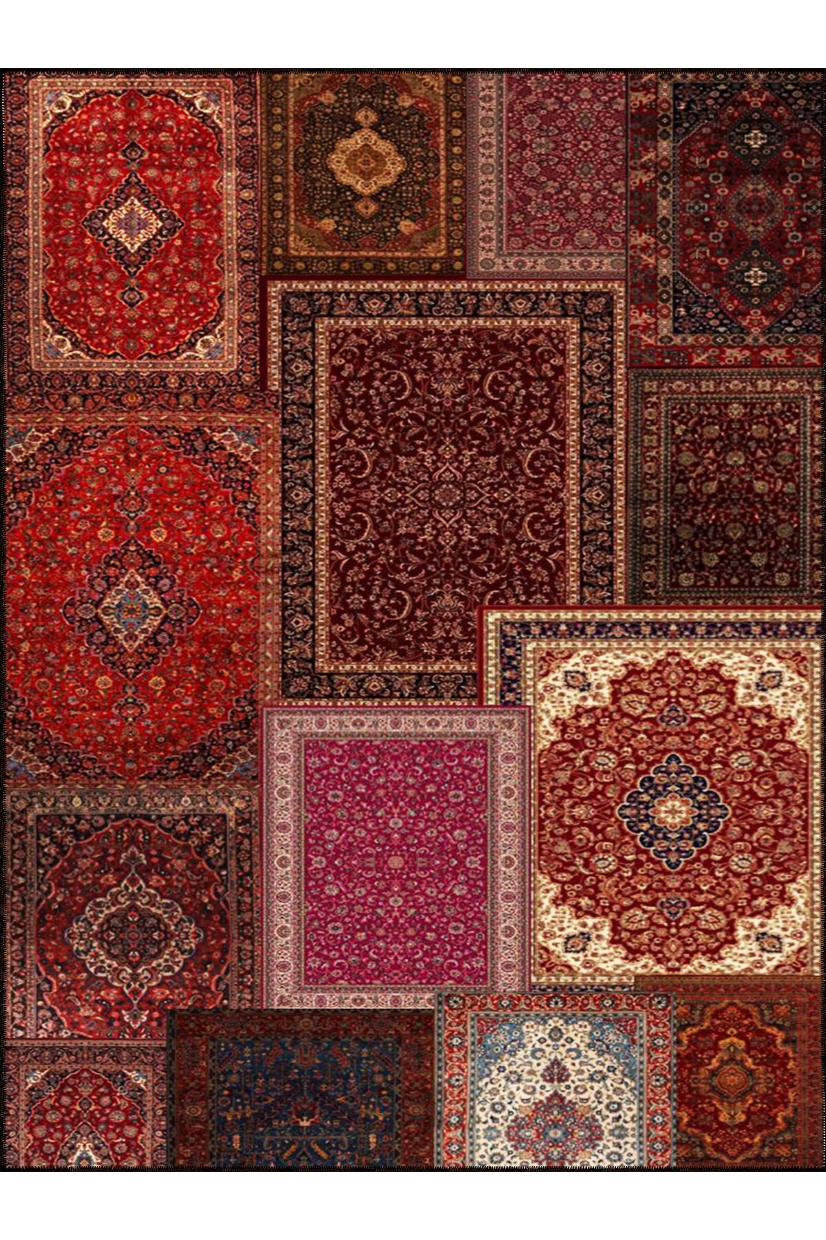 Kuvars Koleksiyonu Koyu Kırmızı Vintage Motifler Desenli Dokuma Taban Etnik Dekoratif Halı kuvars31