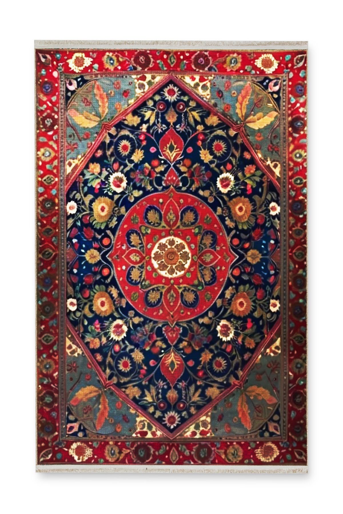 Kırmızı Çiçekli Bordür Detaylı Lacivert Desenli Antik Tasarım Serisi Modern Dekoratif Halı antik175