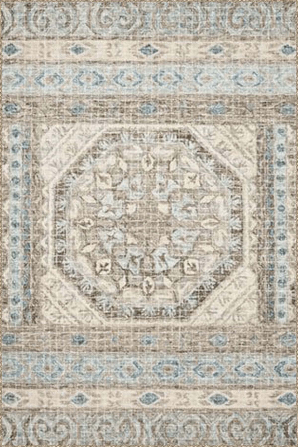 Açık Mavi ve Kahve Temalı Geleneksel Motif Etnik Desenli Vintage Dekoratif Halı 5014