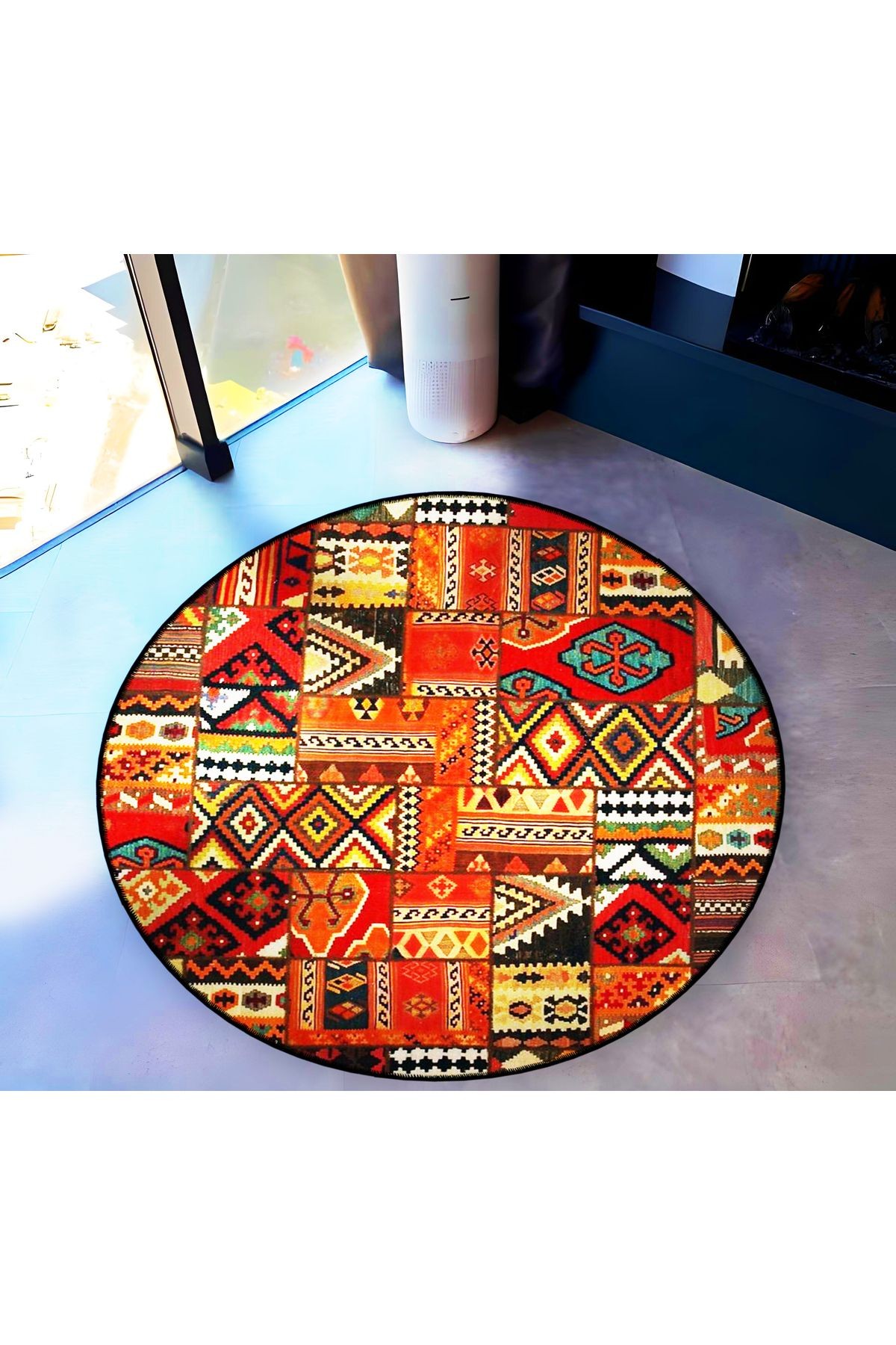 Mira Yuvarlak Çok Renkli Patchwork Etnik Desen Dokuma Taban Modern Dekoratif Halı 5792