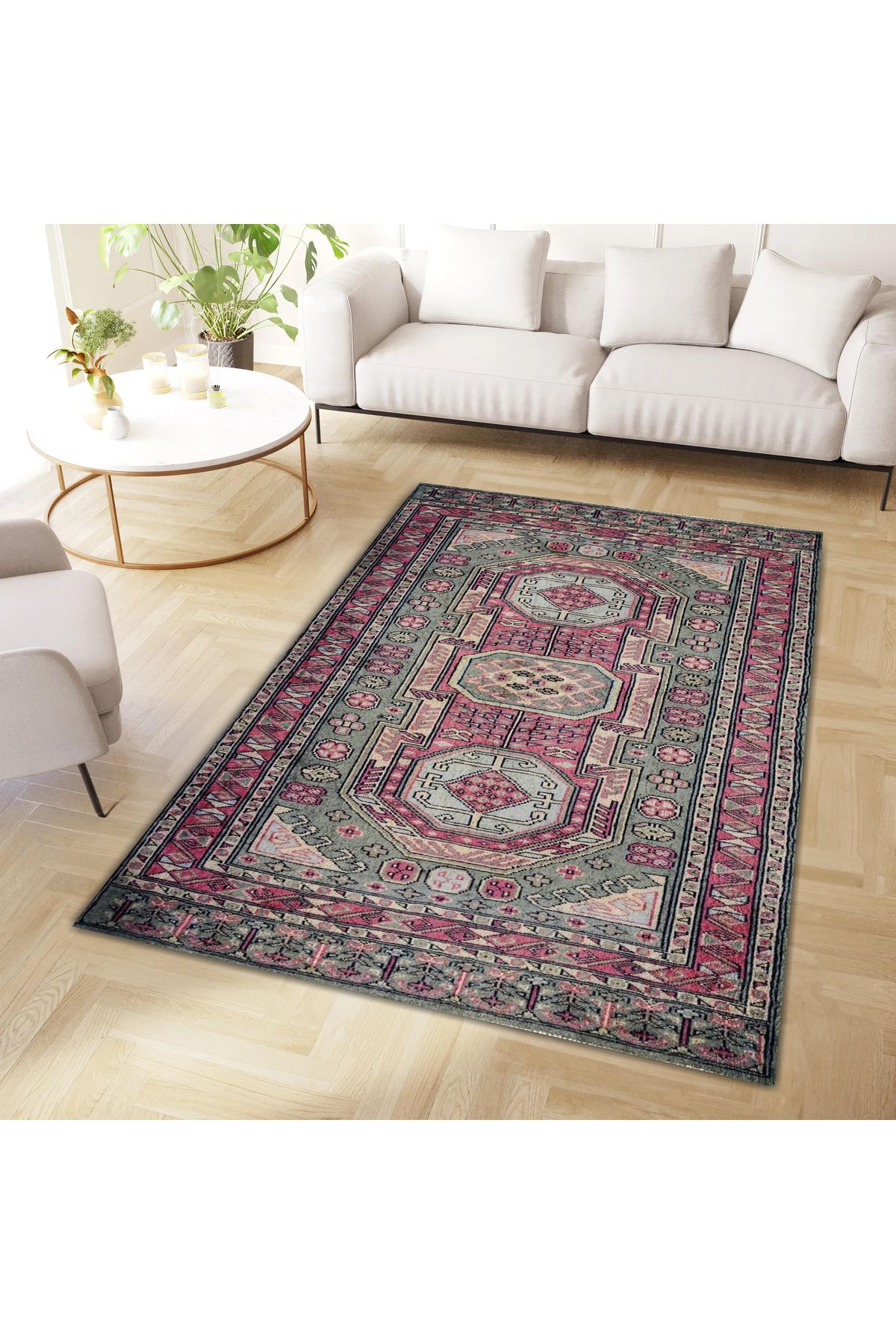 Asena Koleksiyonu Yeşil ve Pembe Temalı Geleneksel Motif Desenli Vintage Dekoratif Halı 02