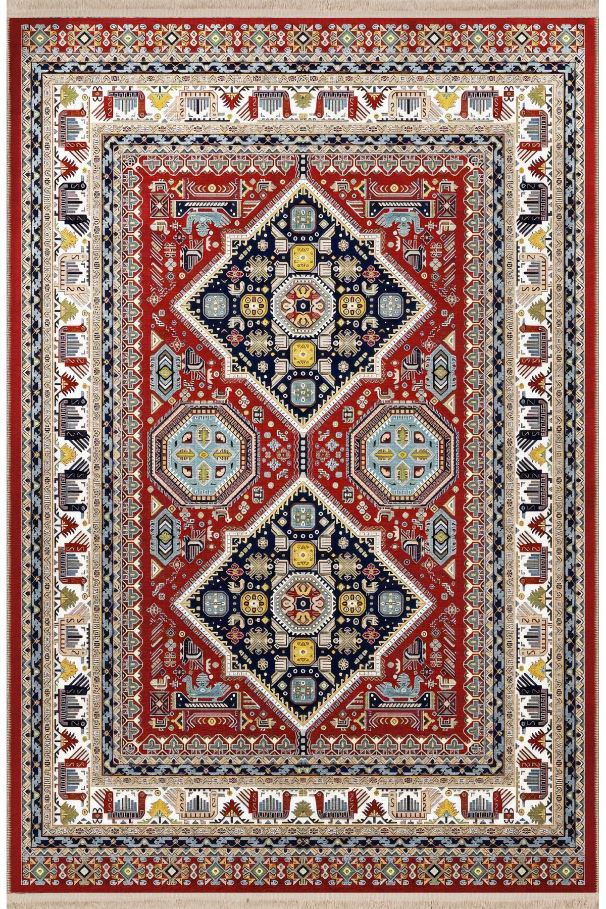 Bordo Temalı Çok Renkli Geleneksel Motif Etnik Desenli Vintage Dekoratif Halı 2438