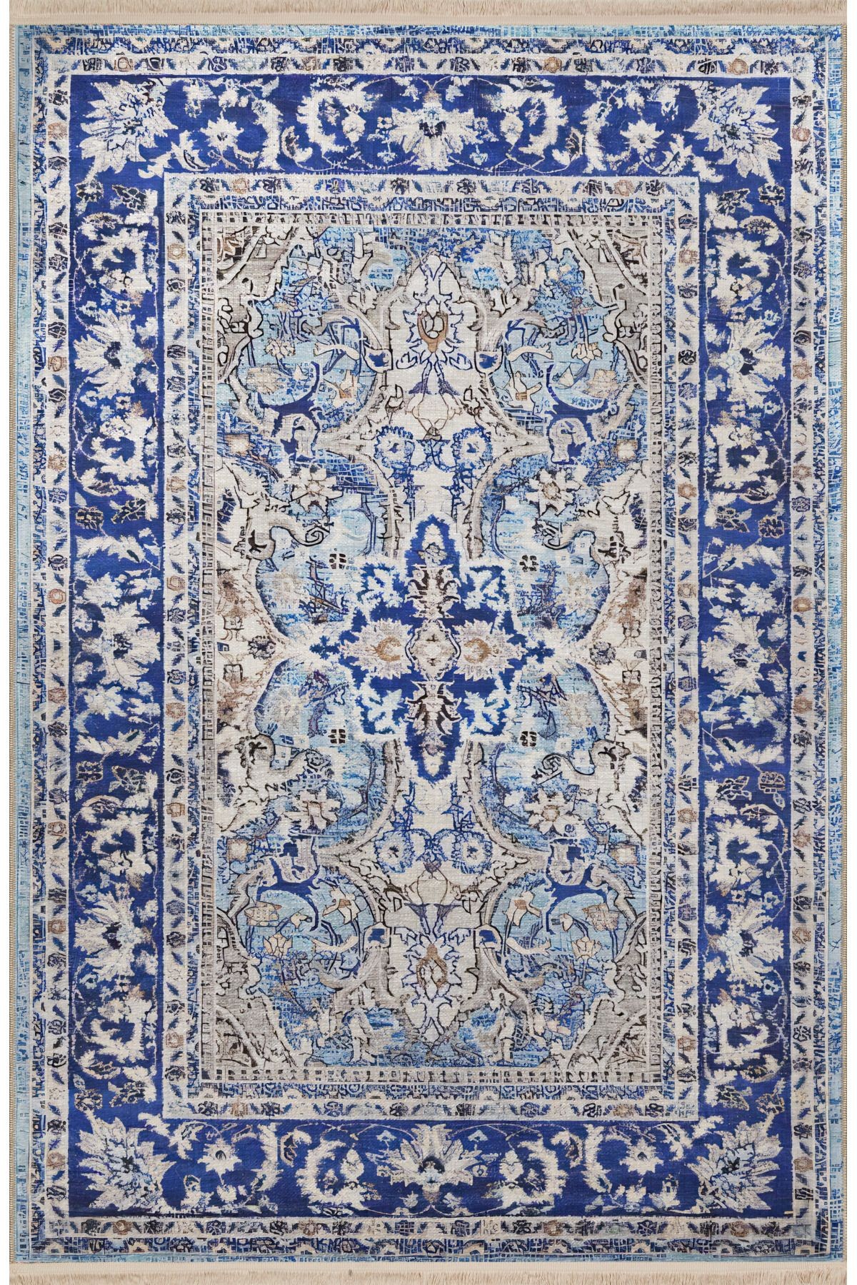 Mavi Temalı Geleneksel Motif Etnik Çiçek Desenli Kreatif Vintage Dekoratif Halı 2576
