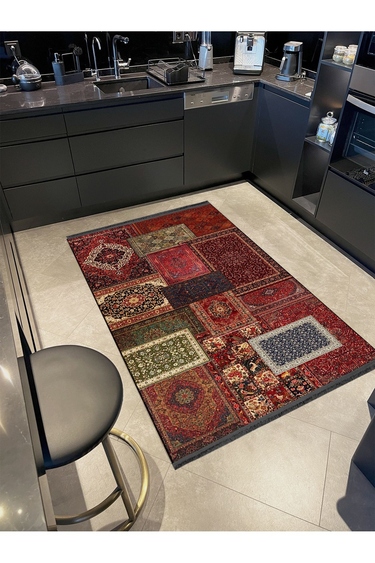 Kuvars Koleksiyonu Çok Renkli Vintage Motifler Desenli Dokuma Taban Etnik Dekoratif Halı kuvars32