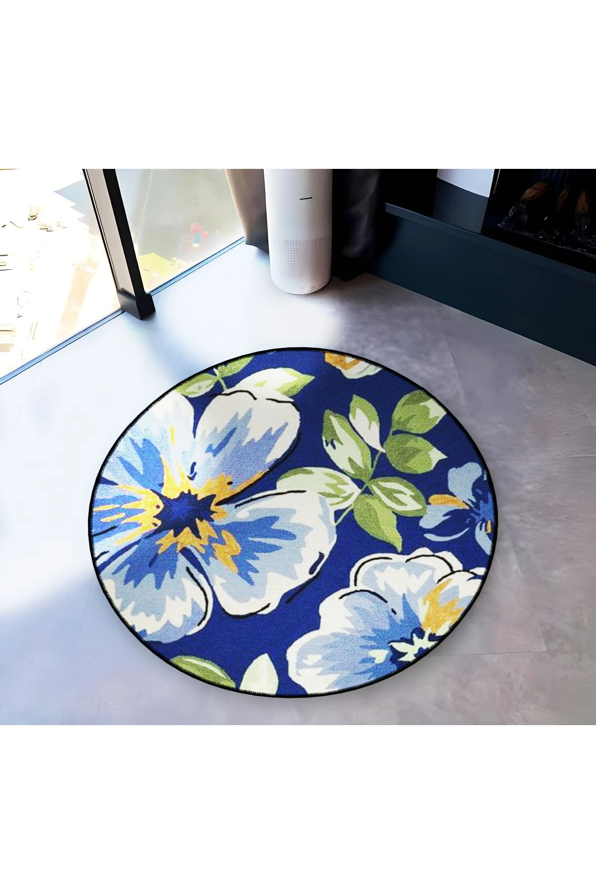 Mira Yuvarlak Koyu Mavi Çiçek ve Yaprak Detaylı Dokuma Taban Modern Dekoratif Halı 5660