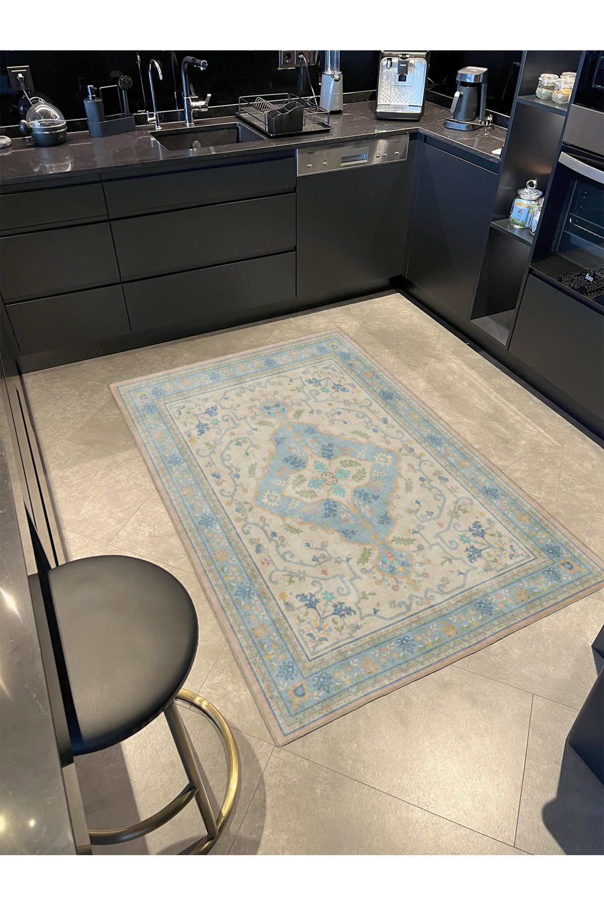 Mavi Krem Yıldızlı Geometrik Desenli Yıkanabilir Dokuma Taban Halı miravip8084