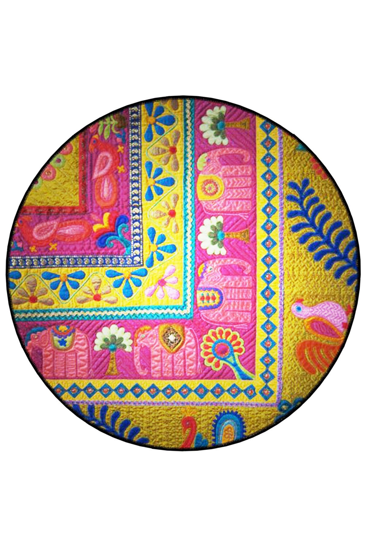 Mira Yuvarlak Sarı Pembe Etnik Desen Fil Detaylı Dokuma Taban Modern Dekoratif Halı 5788