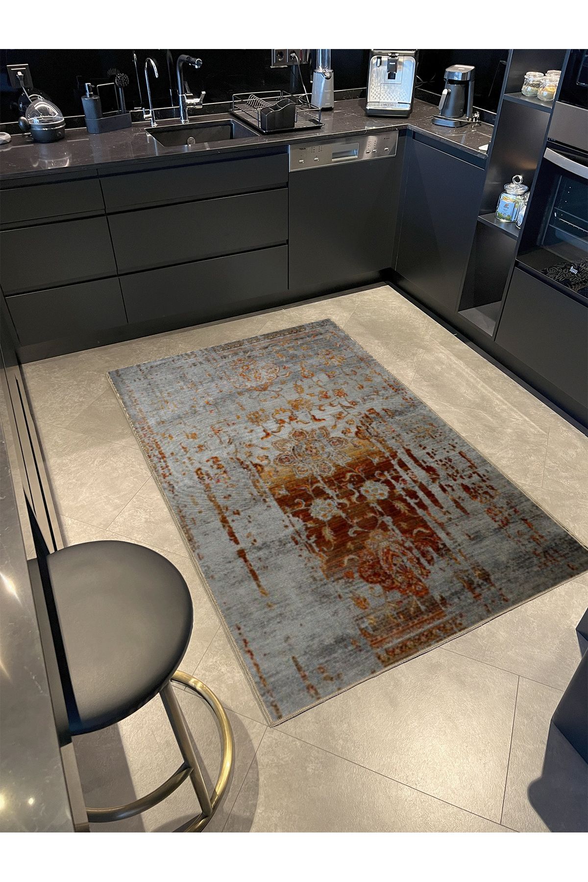 Gri Turuncu Temalı Soyut Geleneksel Motif Desenli Vintage Dekoratif Halı 5176