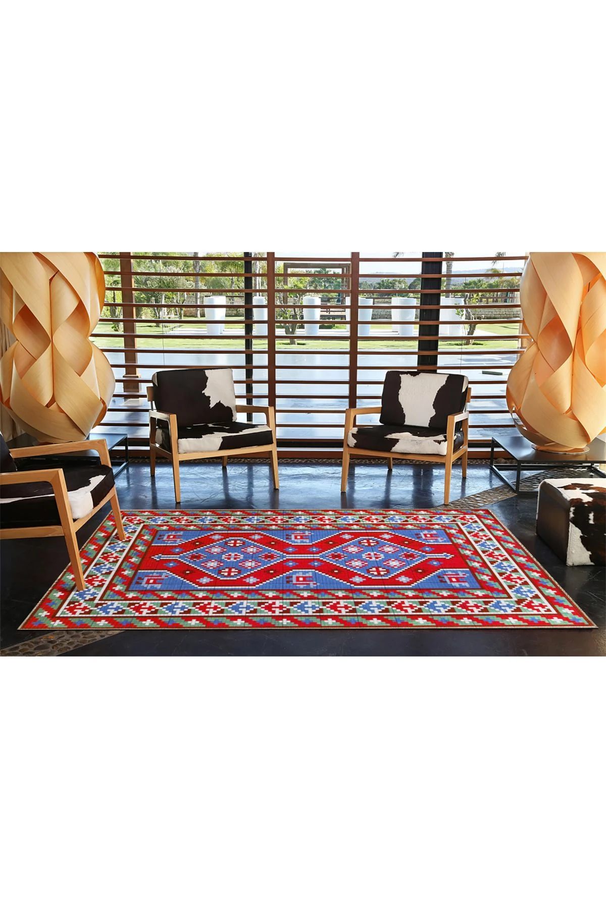 Kırmızı Mavi Renkli Etnik Desenli Geometrik Dokuma Taban Halı 4258